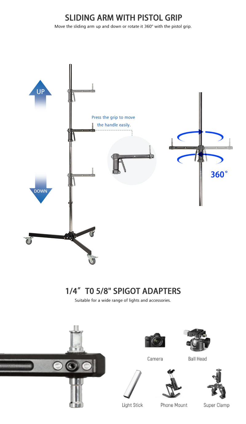 225cm Wheeled Column Stand With 1 Sliding Arm detail 2